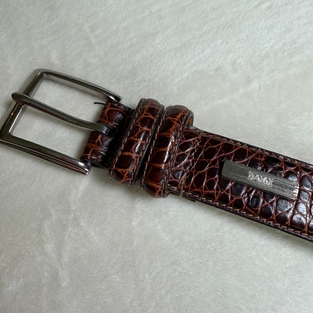 Polo Ralph Lauren Belt Mens 56 Brown Crocodile Embossed Italian Leather Silver - Picture 10 of 11
